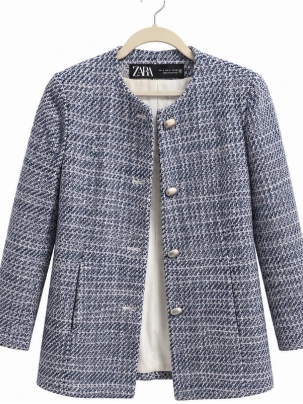 Zara Women's Long Blue Tweed Coat Jacket